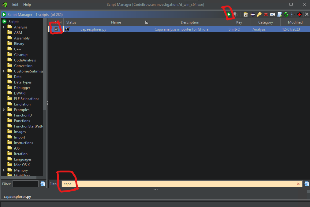 Script Manager in Ghidra with filter for capaexplorer.py
