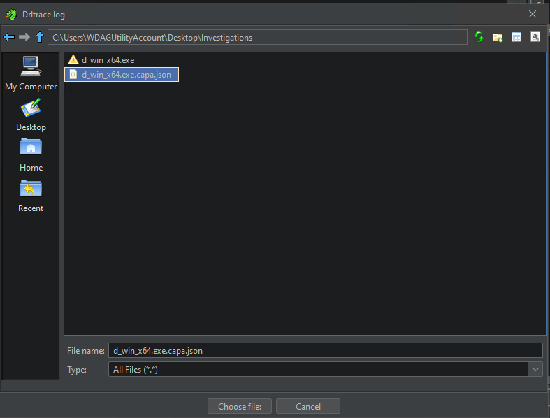 File window asking for Drltrace log file