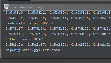 The pane "Console -Scripting" shows the text Finished! on the last line